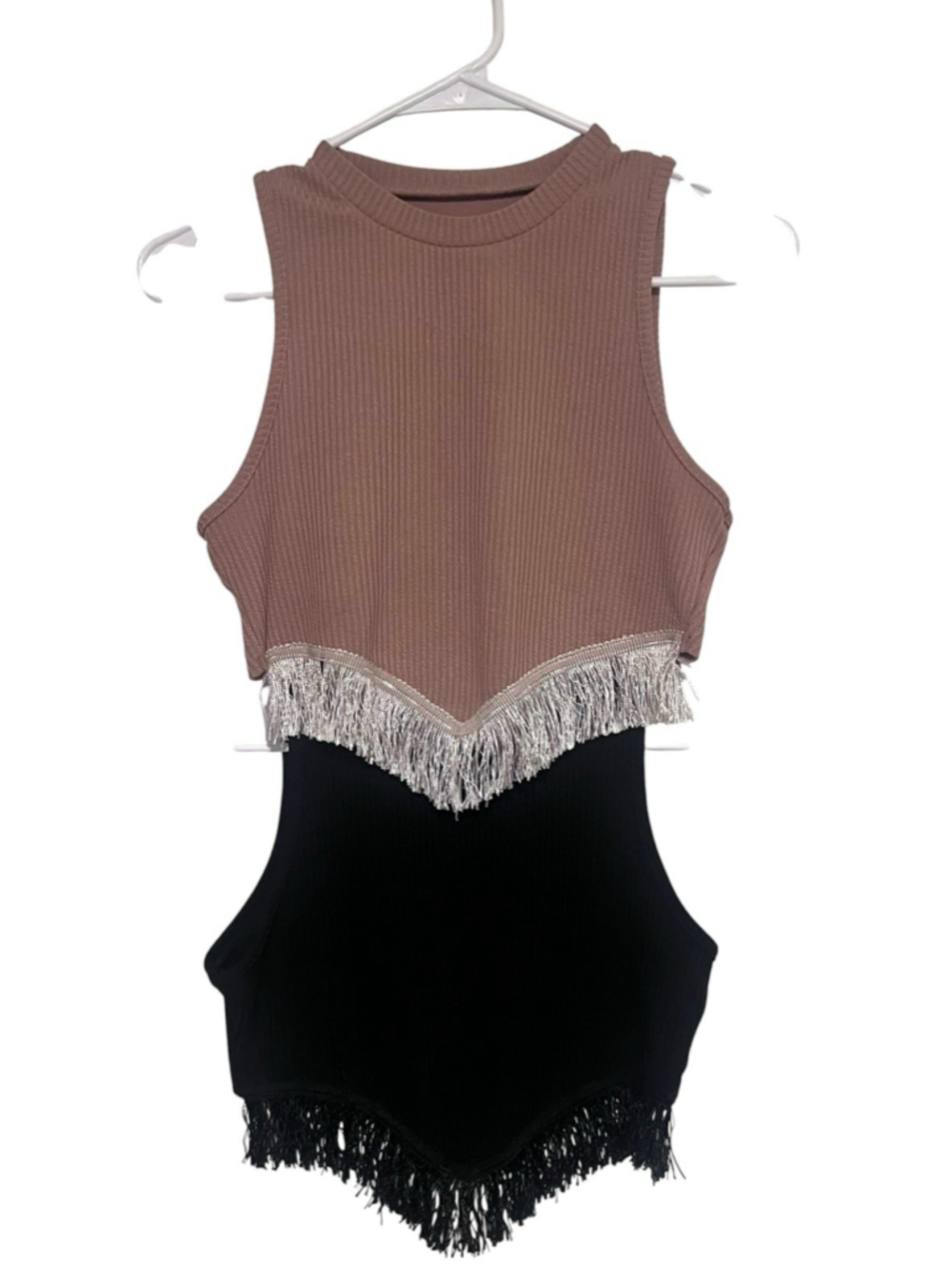Lot of 2 SHEIN Ribbed Fringe Crop Tops Women’s Medium Black Tan Sleeveless Tanks